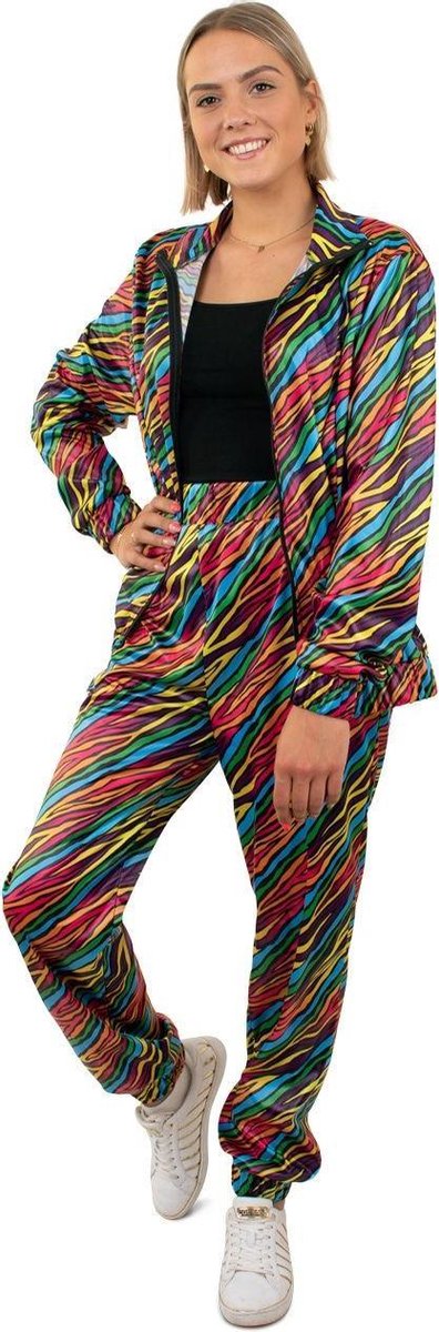 Jaren 80 & 90 Kostuum | Jaren 80 Trainingspak Kleurige Zebra Strepen Dames | Vrouw | Large | Carnaval kostuum | Verkleedkleding